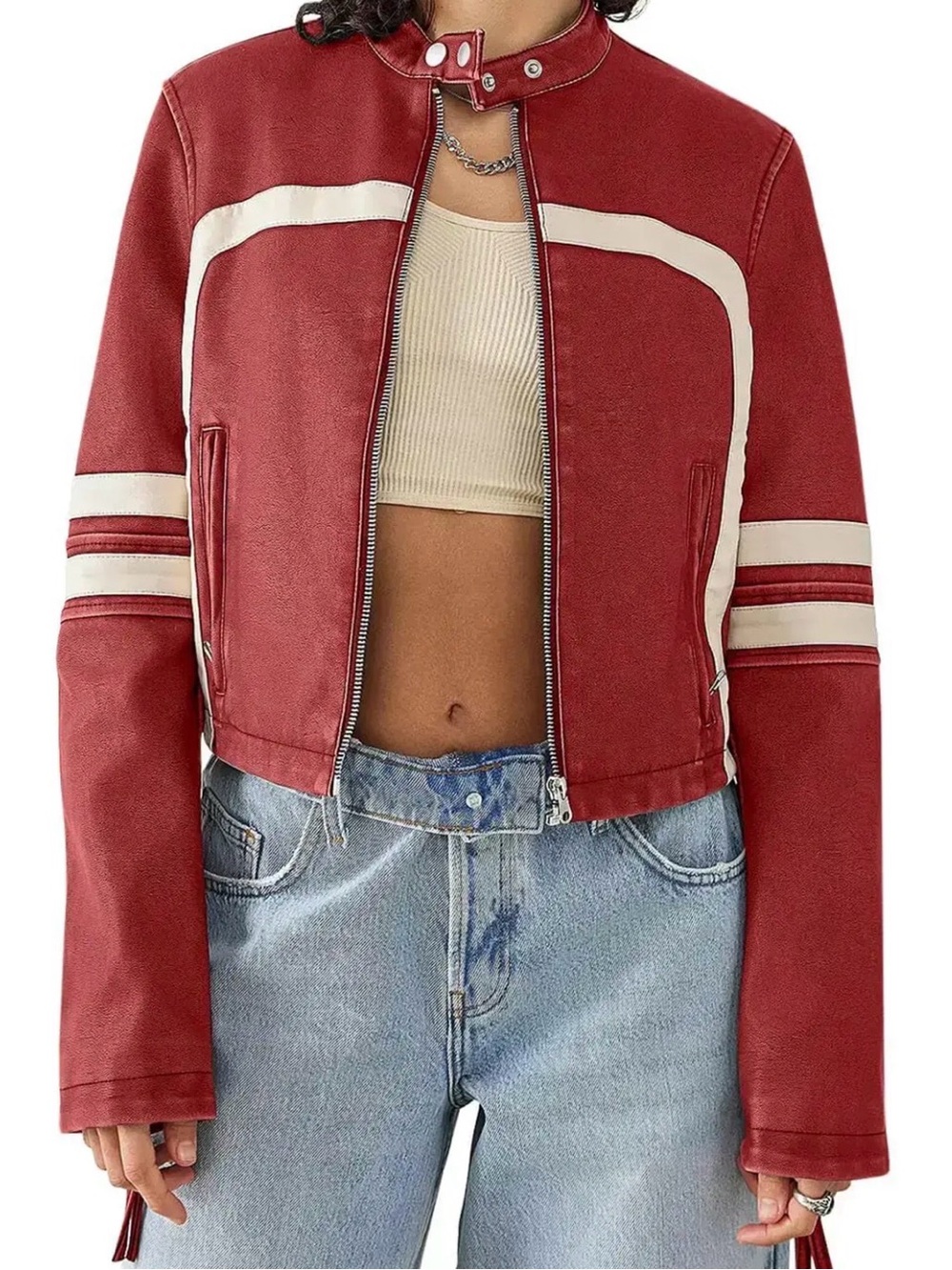 Red Cropped Moto Jacket with White Stripes